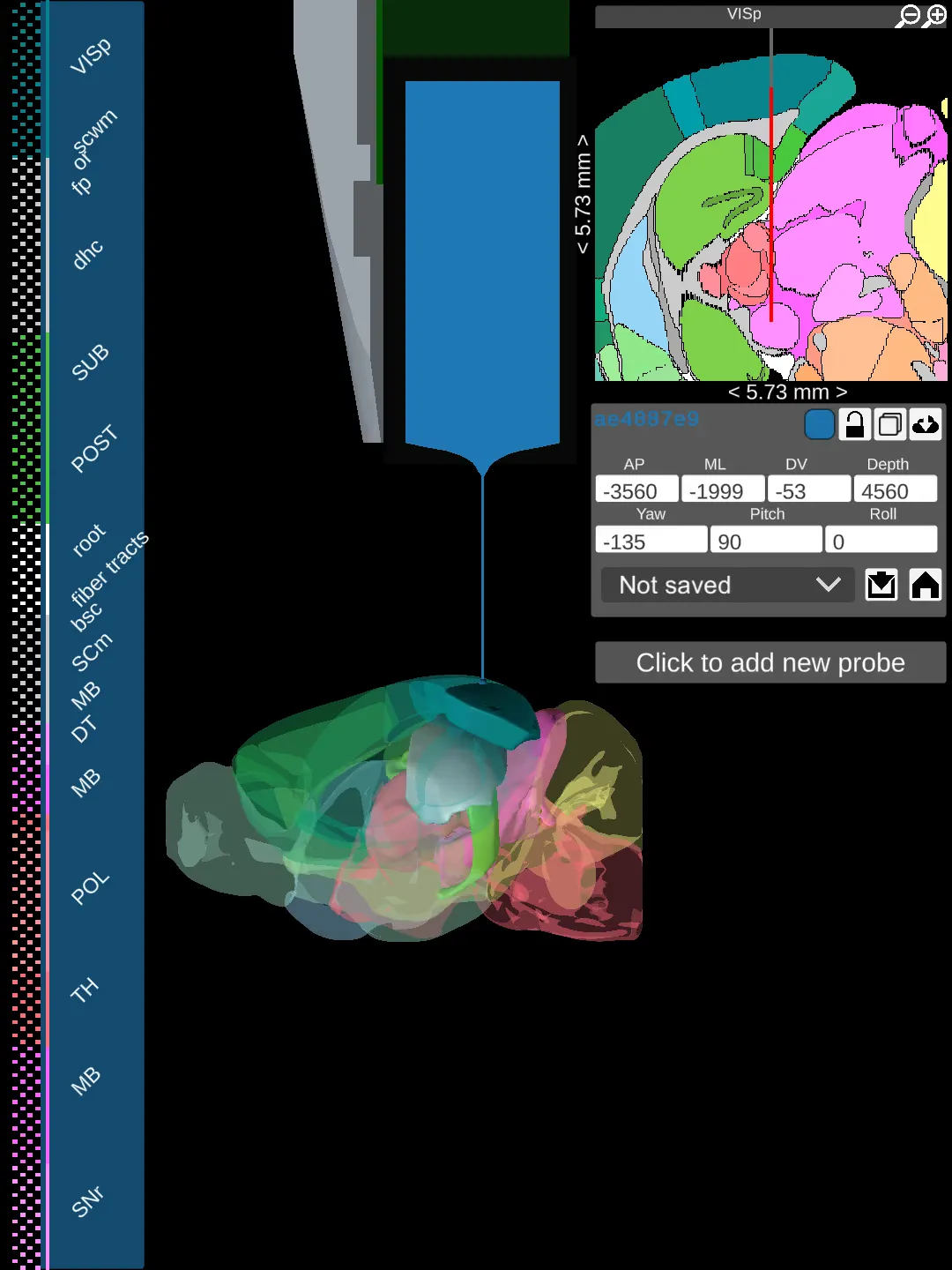 Electrophysiology probe inserted into brain.